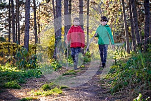 Two boys are running in the autumn forest. Two sibling brother b