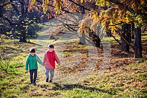 Two boys are running in the autumn forest. Two sibling brother b