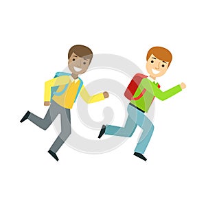 Two Boys Running To The Classroom, Part Of School And Scholar Life Series Of Minimalistic Illustrations