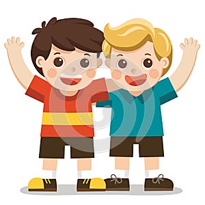 Two boys smile, hugging and waving their hands.