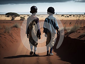 two boys walking on a dirt road in the middle of an african desert photo