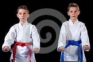 Two boys training karate kata exercises at test qualification