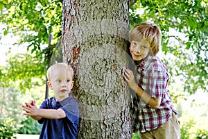 Two boys beside tree