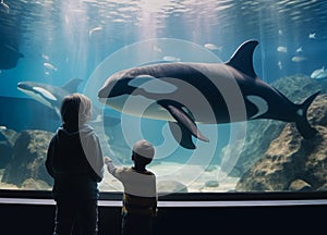 A two boys watches a Orca whale swimming in a huge aquarium. Free the Orca whale from captivity.