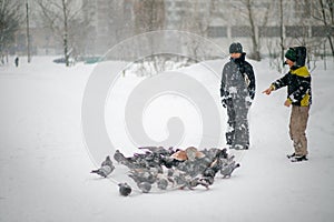 Two boys in winter warm clothes feeds pigeons in city park. Pigeons in snow. Rescue birds in winter from hunger. Care for wild