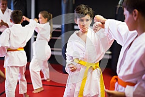 Two boys working in pair, mastering new karate moves