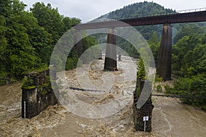 Two bridges over a stormy mountain river