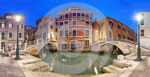 Two bridges and red mansion in the evening, Venice