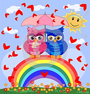 Two bright, cartoon, beautiful owls pink and blue, a girl and a boy with beautiful eyes are sitting under an umbrella on a seven-