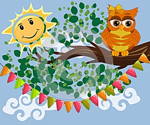 Two bright, cartoon, lovely, colorful owl-girls drink coffee on a flowering branch of a tree. Morning, breakfast