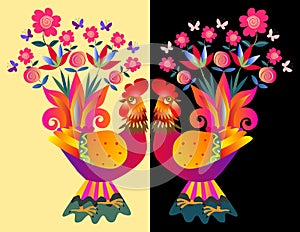 Two bright colorful cockerels - Vases with flowers.