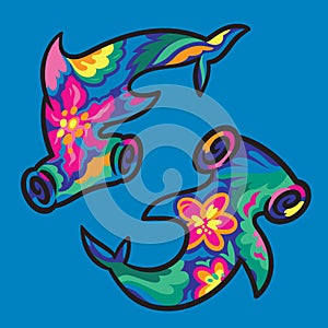 Two bright floral hammerhead shark in hand drawn style