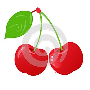 Two bright red cherries with a single green leaf on a white background
