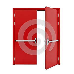 Bright Red Double Doors with Push Bars for Emergency Exit on White Background