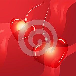 Two bright shining hearts on red ribbon background. Template design valentine\'s day greeting card, flyer, background,r,