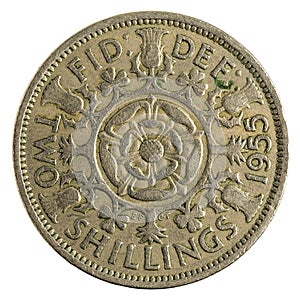 Two british shillings coin 1955 isolated