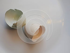 Empty egg shell on a white plate.