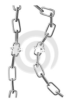 Two broken steel chain links. Symbol of security and destruction. Freedom, disruption strong metal shackles concept