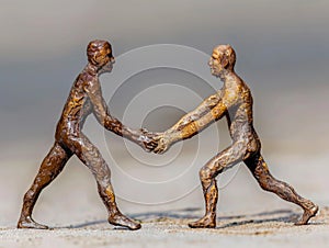 Two bronze figurines standing on sandy ground, holding hands in a gesture of connection and solidarity