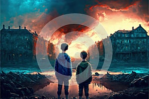 Two brothers braving a post-apocalyptic city, fighting through an ash storm. Fantasy concept , Illustration painting. Generative