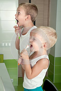 Two brothers brush teeth in the bathroom.