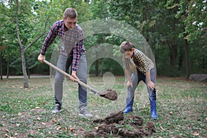 Two brothers a dig earth in a park for planting young tree. Family work, autumn day.