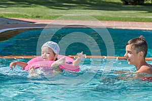 Two brothers playing in the pool