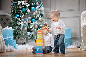 Two brothers playing with wooden alphabet blocks against Christmas tree