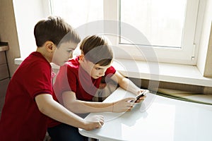 Two brothers are sitting in the kitchen and playing with the phone