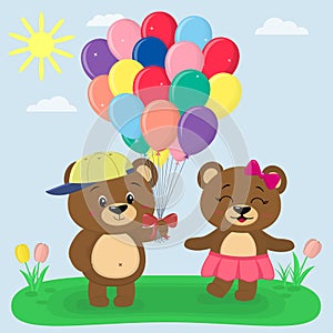 Two brown bears with balloons in the summer glade. Style cartoon.