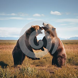 Two brown bears fighting in a grassy field. Generative AI image.