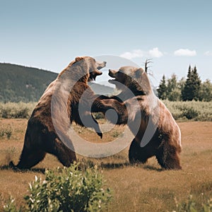 Two brown bears fighting in a grassy field. Generative AI image.