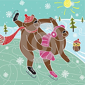 Two brown bears skaters skated. Illustration