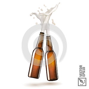 two brown beer bottle toasting creating splash, 3D realistic vector set