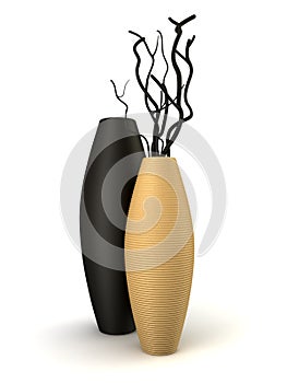 Two brown and black vases with dry wood isolated