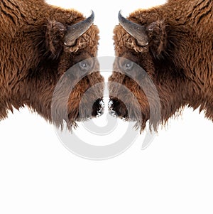 Two brown bull or bison heads with brown horns opposite each other before a fight on the New York Wall Street Stock Exchange on a