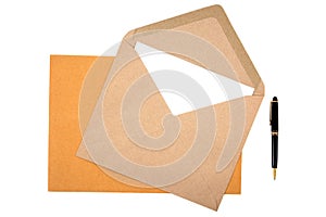 It is two brown document envelope with white paper and pen isolated on white background. Brown document with pen