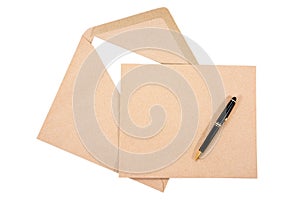 It is two brown document envelope with white paper and pen isolated on white background. Brown document with pen isolated