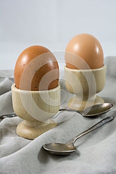 Two brown eggs in egg cups with spoons
