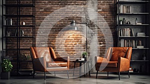 Two brown leather chairs positioned in front of brick wall. This image can be used to depict stylish