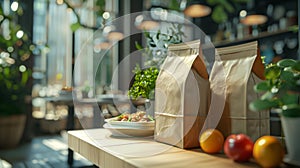 Two brown paper bags with food in them sit on a table in front of a window