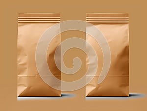 Two brown paper bags placed side by side on yellow background. Each bag is open, revealing its contents inside. One of