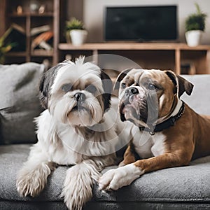 two brown and white dogs sitting on a couch in the living room