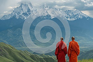 two Buddhist monks against the backdrop of mountains