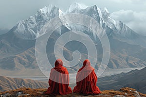 two Buddhist monks against the backdrop of mountains