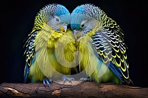 two budgies preening each others feathers