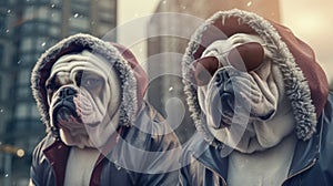 Two bulldogs wearing winter clothes and sunglasses. AI