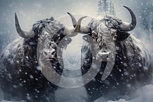 Two bulls in wintertime. Generate ai