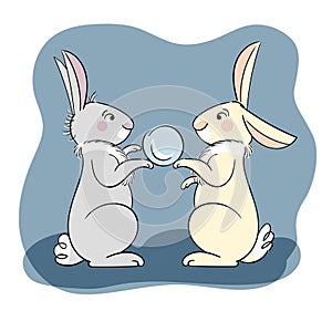 Two bunnies playing snowballs
