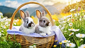 Two bunny babies sitting in a basket on a flower meadow